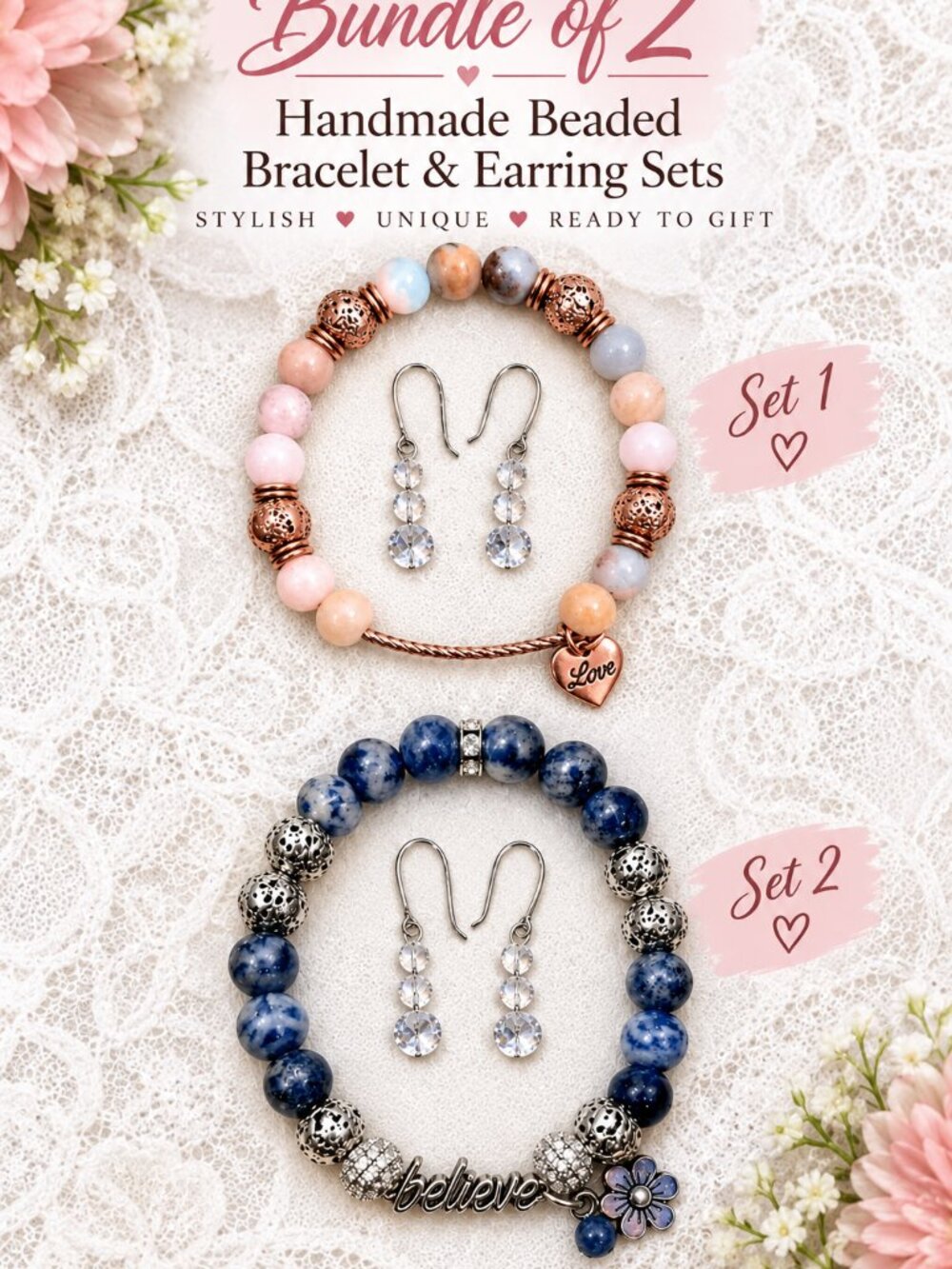 Bundle of 2 Handmade Beaded Bracelet & Earring Sets